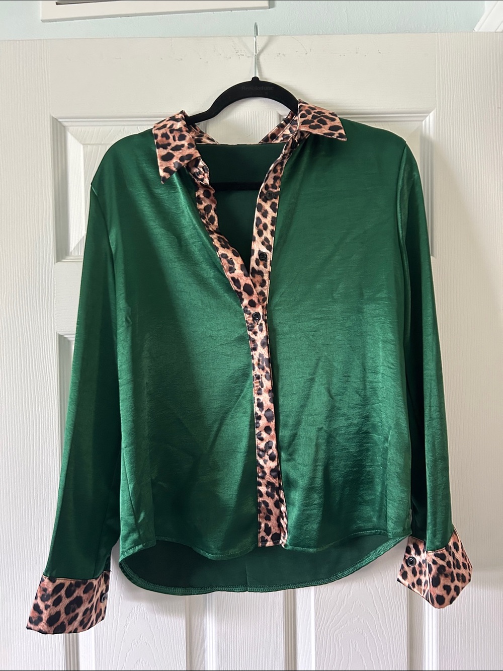 Emerald Green Satin Blouse with Leopard Trim